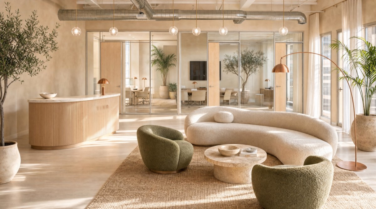 Reception, travertine counter and curved lounge in warm plaster
