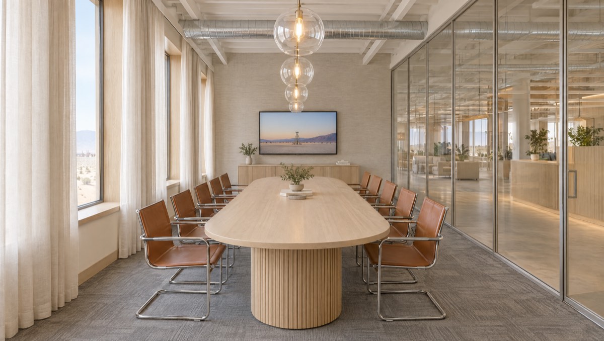 Boardroom with fluted oak table and tan leather cantilever chairs