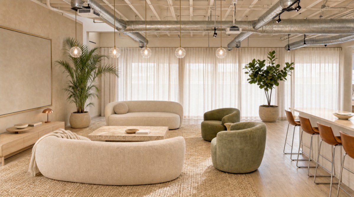 The sun lounge: cream sectional, olive swivels, travertine table