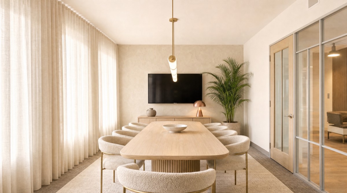 The linen room: boucle chairs, sheer curtains, plaster walls