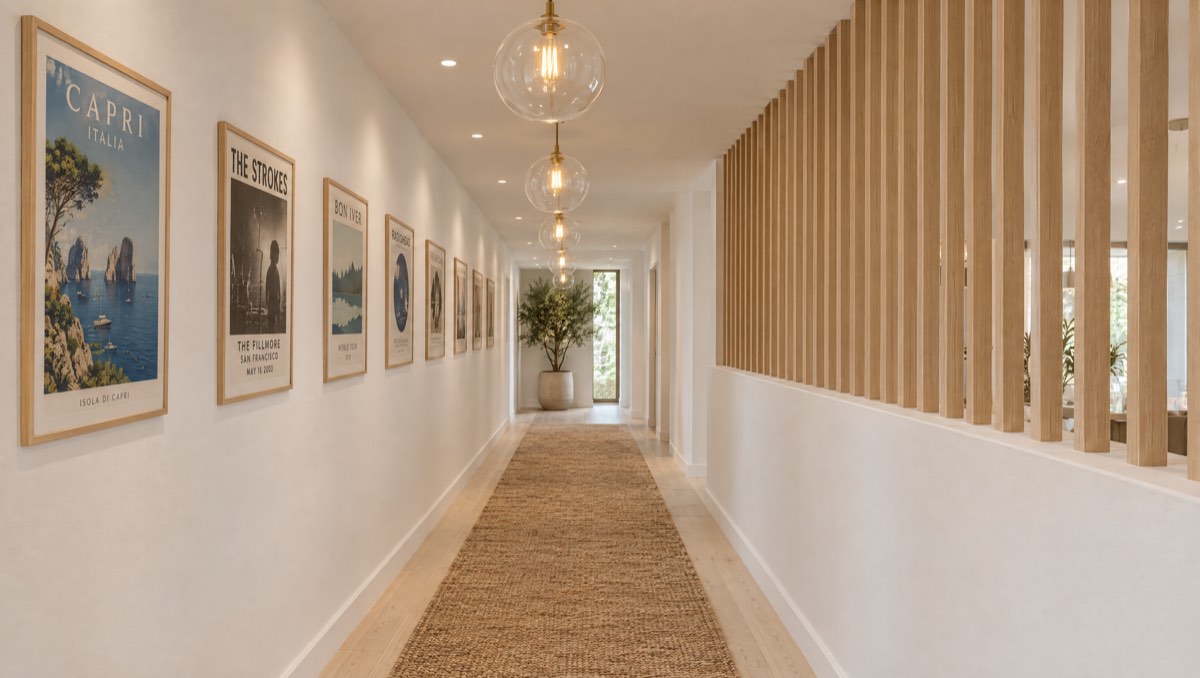 Poster hallway in pale oak, jute runner, glass globe pendants