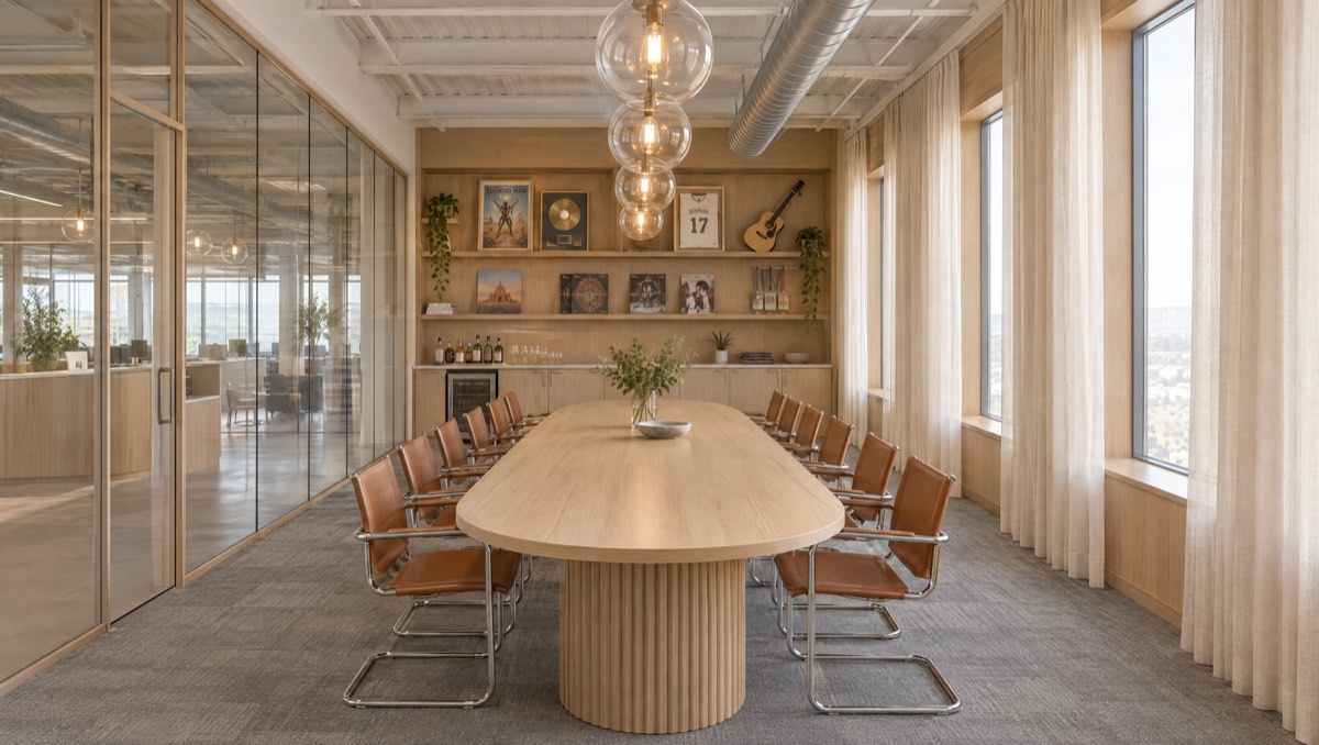 Boardroom built-in: shelving, memorabilia and hospitality in one wall